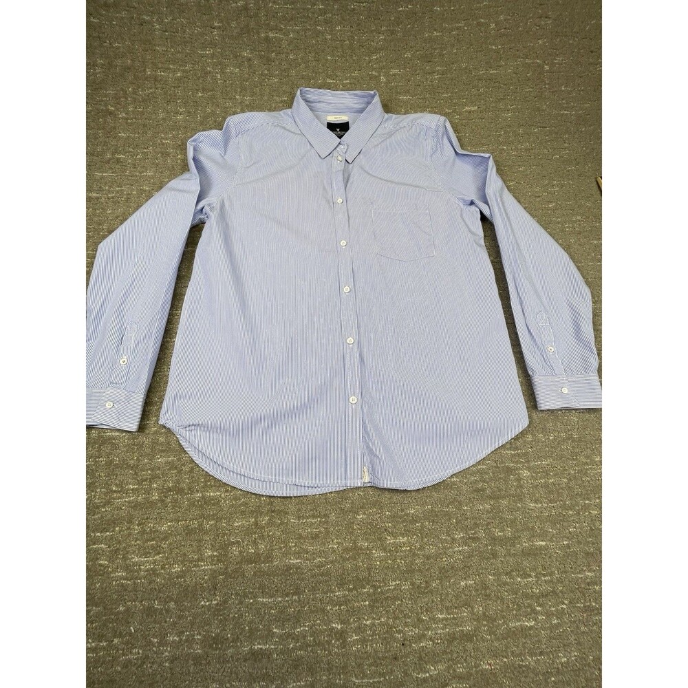 American Eagle Shirt Mens Large Blue Gray Stripe Prep Fit Long Sleeve Buton Up L